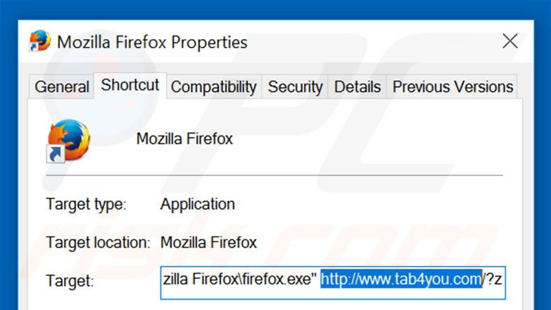 Removendo tab4you.com do atalho do Mozilla Firefox passo 2