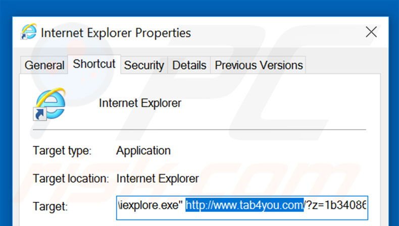 Removendo tab4you.com do atalho do Internet Explorer passo 2