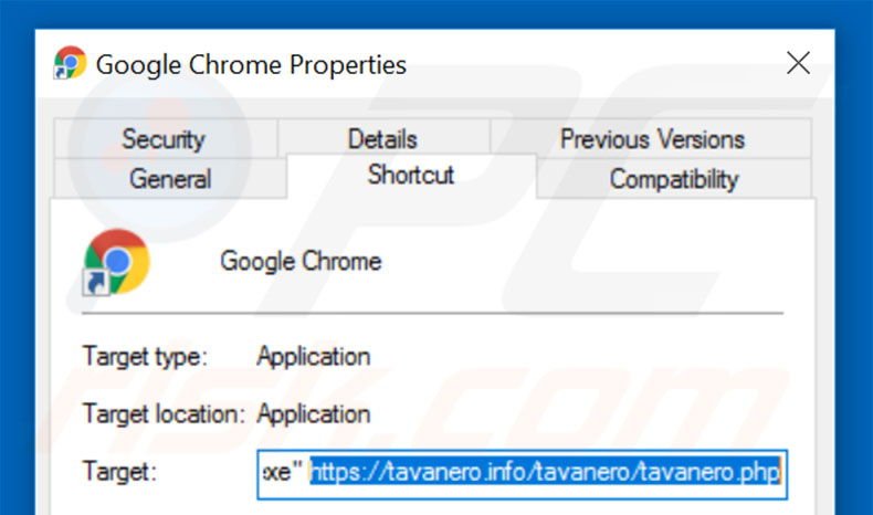 Removendo tavanero.info do atalho do Google Chrome passo 2