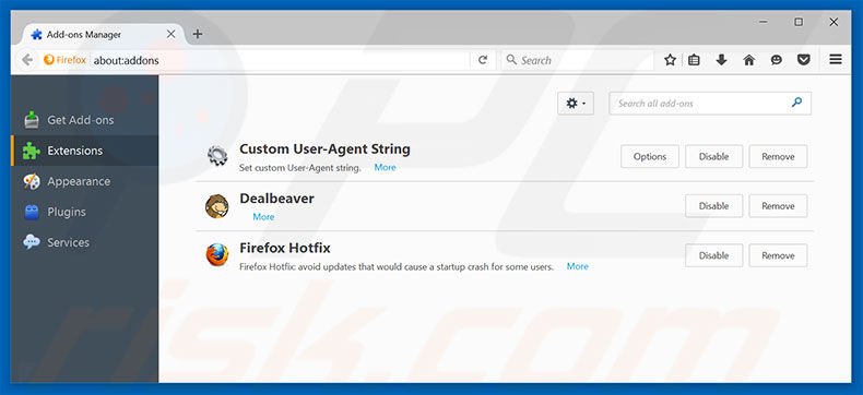 Removendo as extensões relacionadas a tavanero.info do Mozilla Firefox