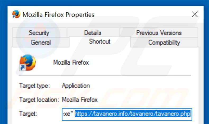 Removendo tavanero.info do atalho do Mozilla Firefox passo 2