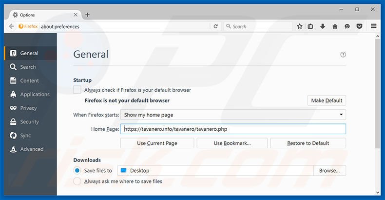 Remover a página inicial tavanero.info do Mozilla Firefox