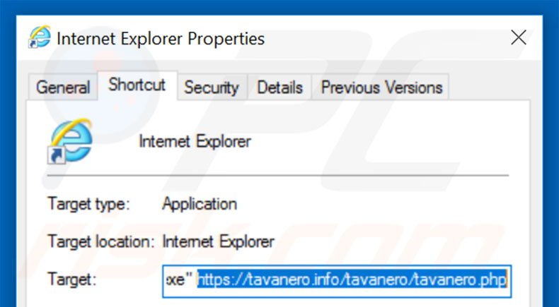 Removendo tavanero.info do atalho do Internet Explorer passo 2