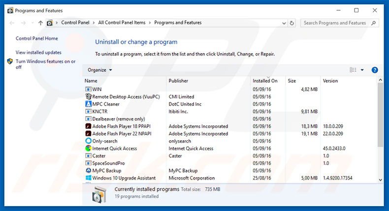 desinstalar o sequestrador de navegador tavanero.info via Painel de Controlo