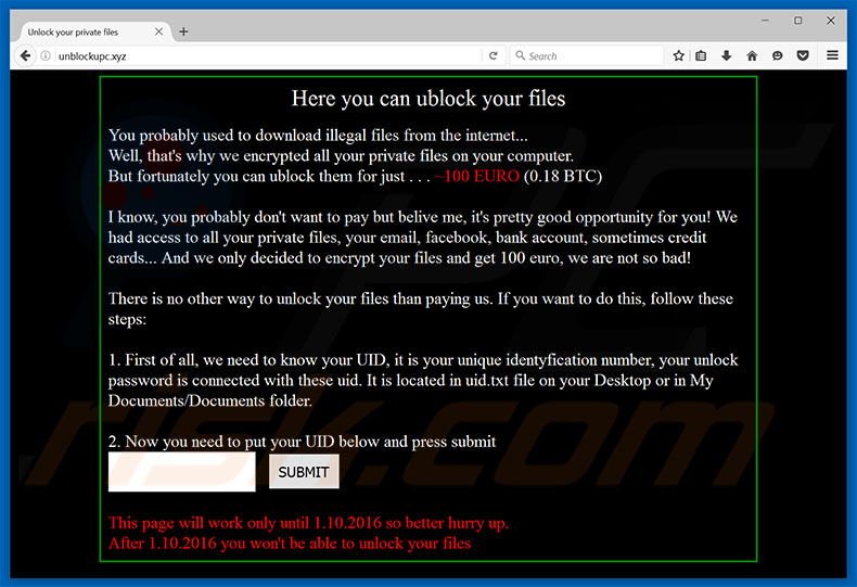 Website do ransomware Unblockupc