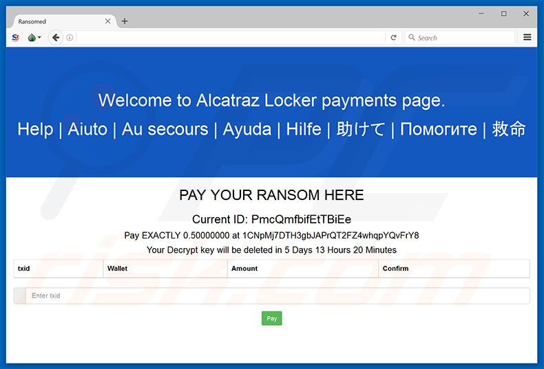 Website do ransomware Alcatraz Locker