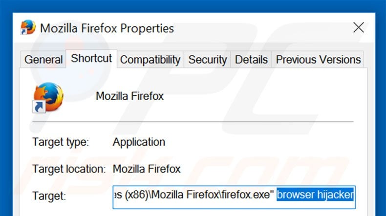 Removendo go.mail.ru do atalho do Mozilla Firefox passo 2