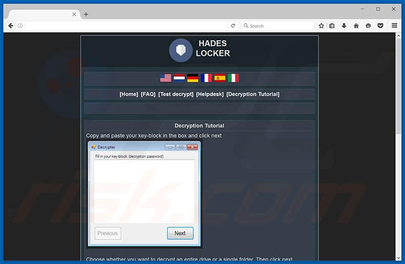 Instruções de desencriptação do website do ransomware Hades Locker