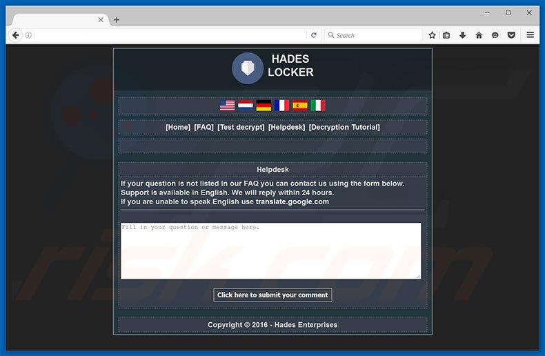 Hades Locker ransomware website's decryption test