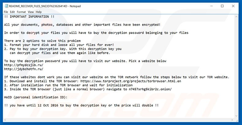 Ficheiro de texto ransomware Hades Locker