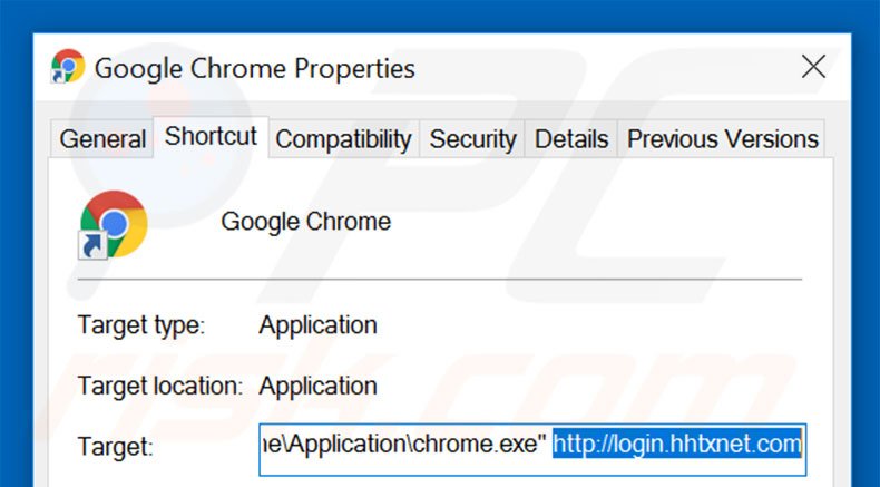 Removendo login.hhtxnet.com do atalho do Google Chrome passo 