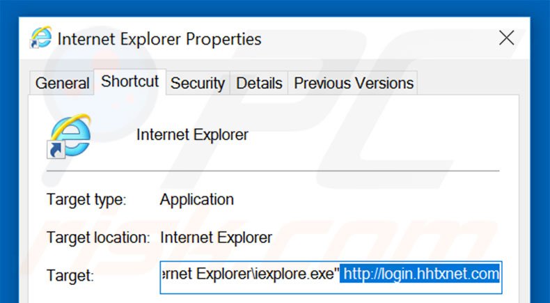 Removendo login.hhtxnet.com do atalho do Internet Explorer passo 