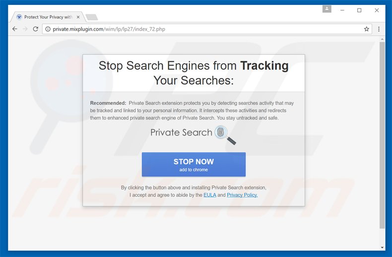 Anúncio pop-up enganoso promovendo o sequestrador de navegador myprivatesearch