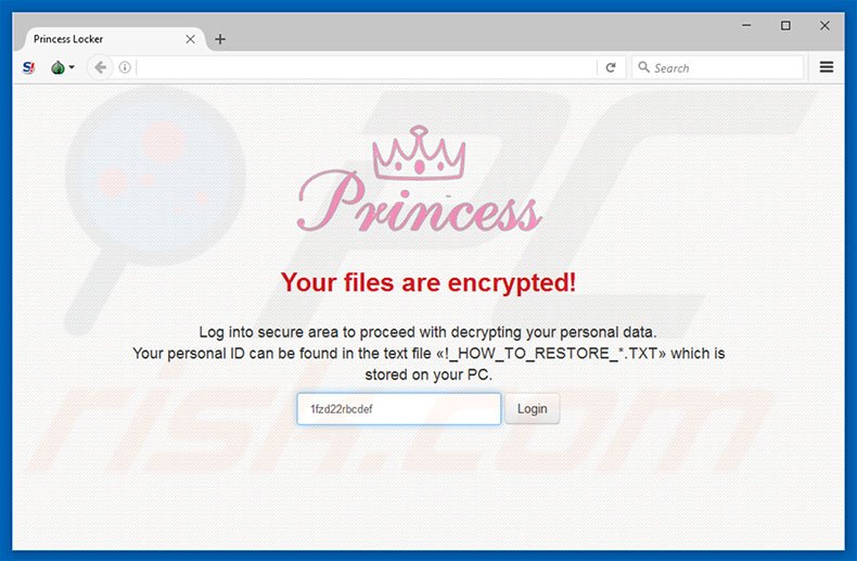 Login do website do ransomware Princess