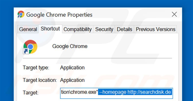 Removendo searchdisk.de do atalho do Google Chrome passo 2