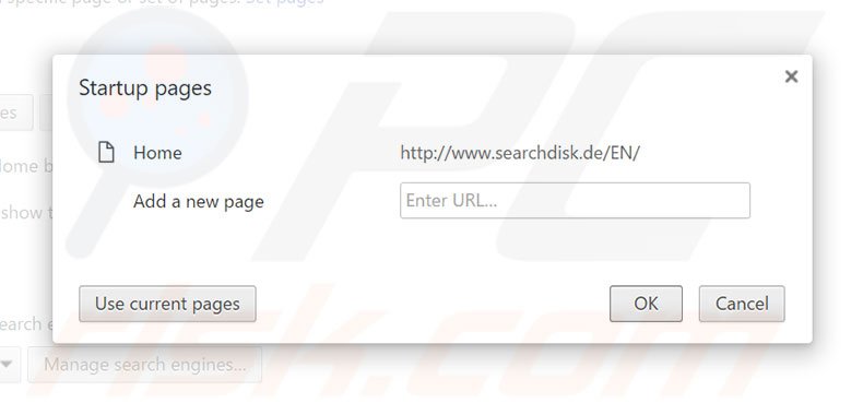 Removendo a página inicial searchdisk.de do Google Chrome