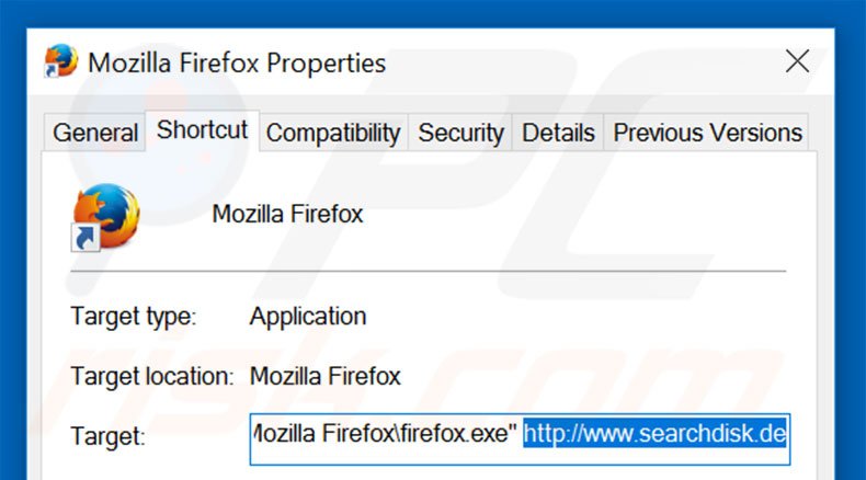 Removendo searchdisk.de do atalho do Mozilla Firefox passo 2