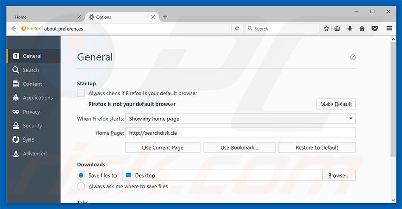Removendo a página inicial searchdisk.de do Mozilla Firefox