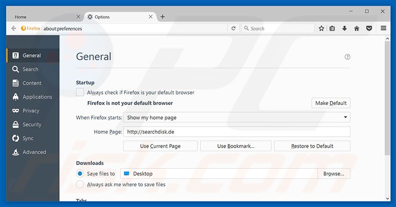 Removendo a página inicial searchdisk.de do Mozilla Firefox