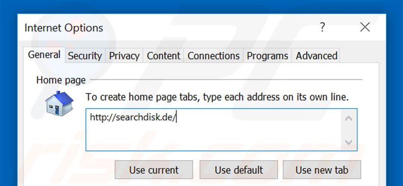 Removendo a página inicial searchdisk.de do Internet Explorer