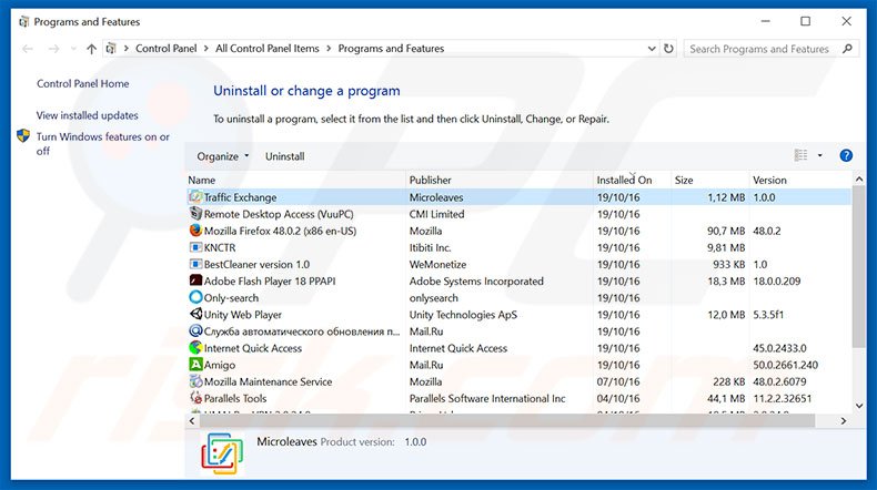 desinstalar o adware Traffic Exchange via Painel de Controlo