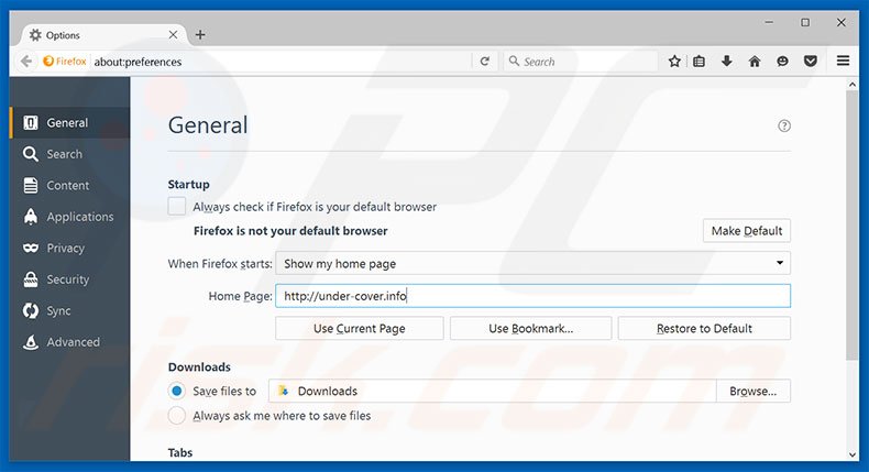 Removendo under-cover.info da página inicial do Mozilla Firefox