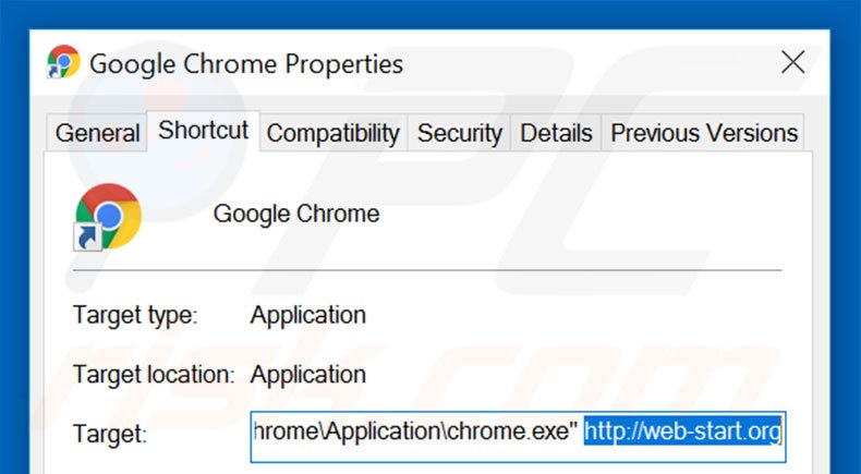 Removendo web-start.org do atalho do Google Chrome passo 2
