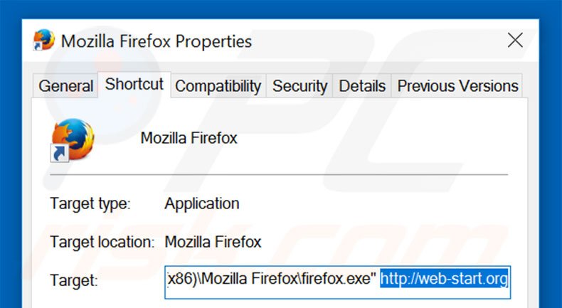 Removendo web-start do atalho do Mozilla Firefox passo 1