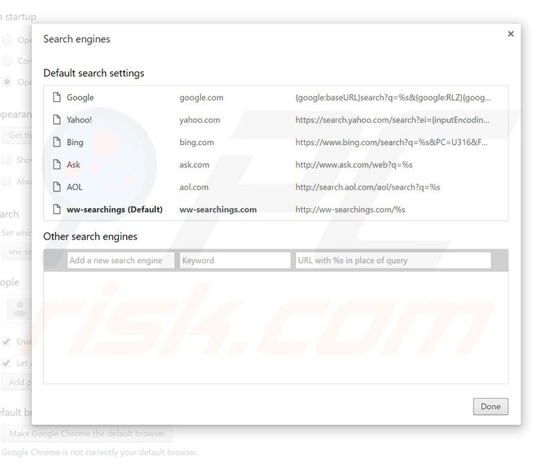 Removendo ww-searchings.com do motor de busca padrão do Google Chrome