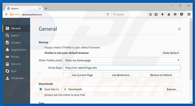 Removendo ww-searchings.com da página inicial do Mozilla Firefox