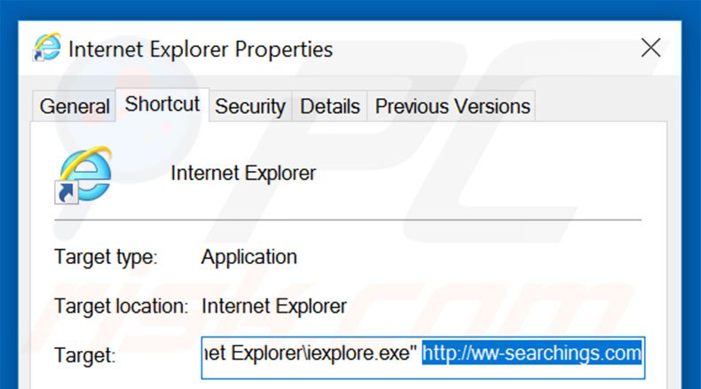 Removendo ww-searchings.com do atalho do Internet Explorer passo 2
