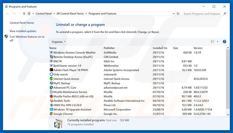 desinstalar o adware You are Today's Lucky Visitor através do Painel de Controlo