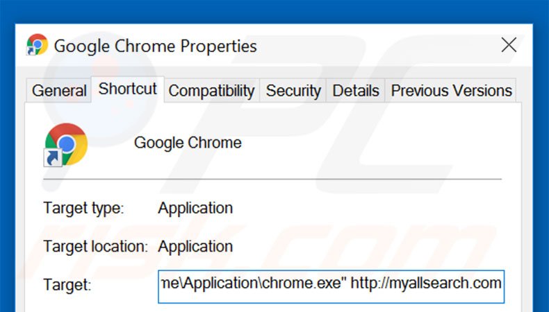 Removendo myallsearch.com do atalho do Google Chrome passo 2