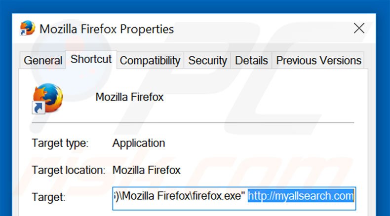 Removendo myallsearch.com do atalho do Mozilla Firefox passo 2