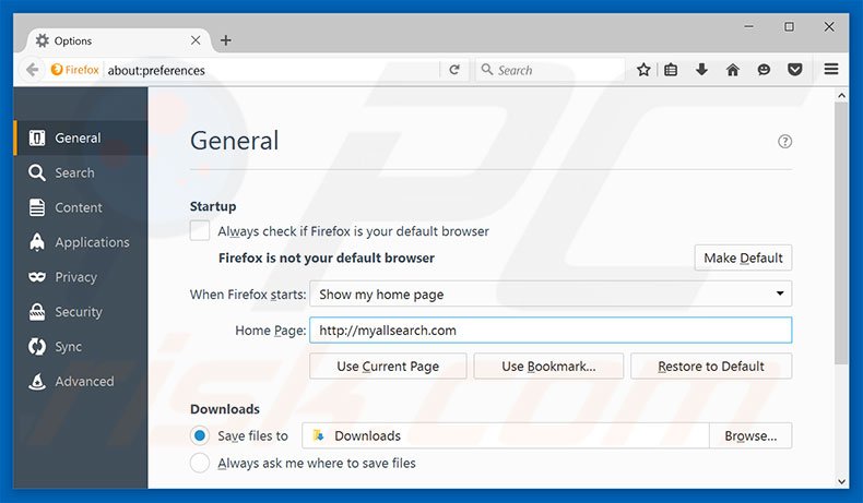 Removendo myallsearch.com da página inicial do Mozilla Firefox