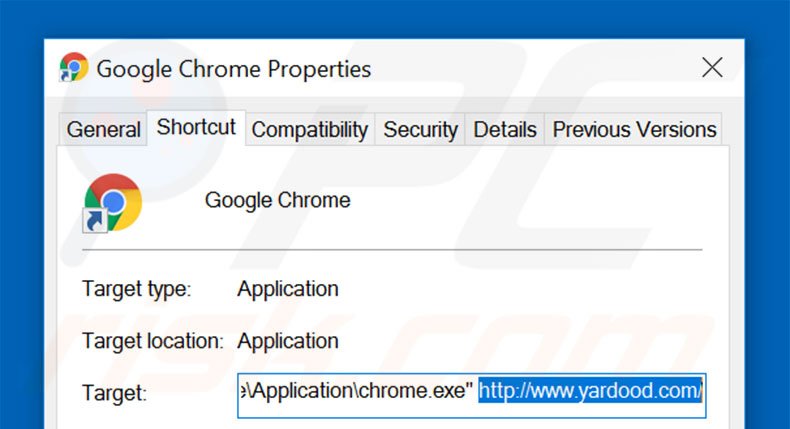 Removendo yardood.com do atalho do Google Chrome passo 2