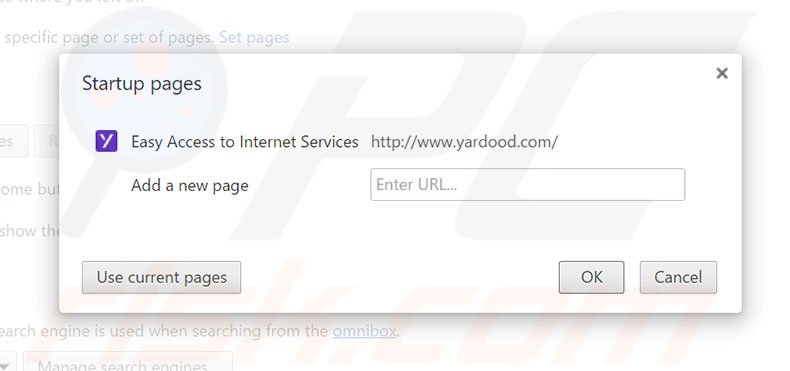 Removendo a página inicial yardood.com do Google Chrome