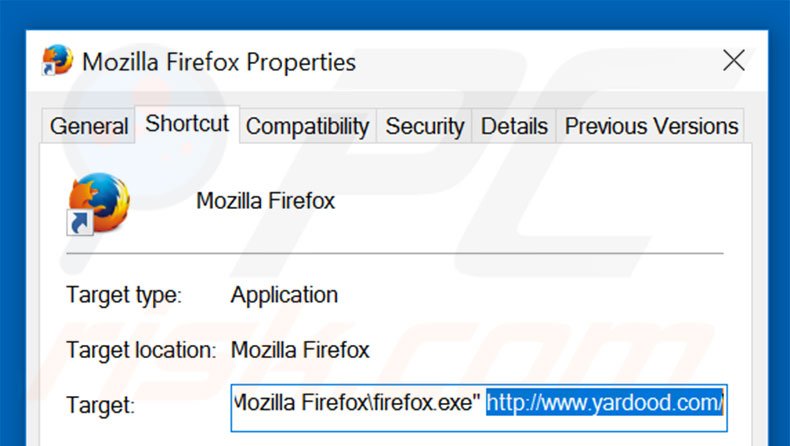 Removendo yardood.com do atalho do Mozilla Firefox passo 2
