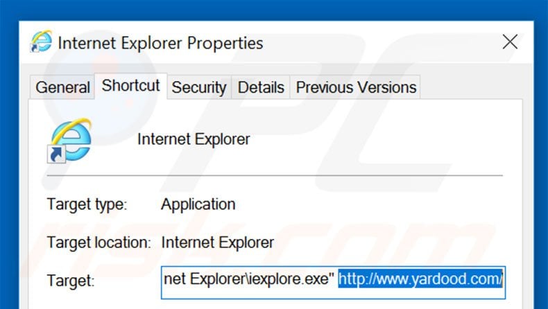 Removendo yardood.com do atalho do Internet Explorer passo 2