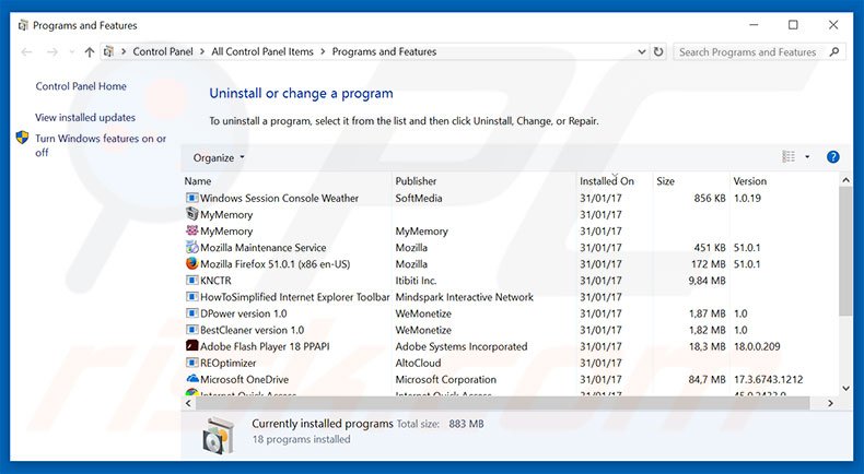 Desinstalar o adware Call Windows Help Desk Immediately via Painel de Controlo