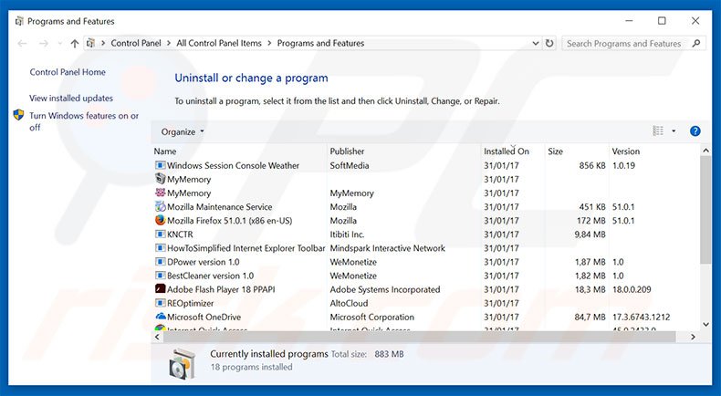 desinstalar o adware CRITICAL ALERT FROM WINDOWS através do Painel de Controlo