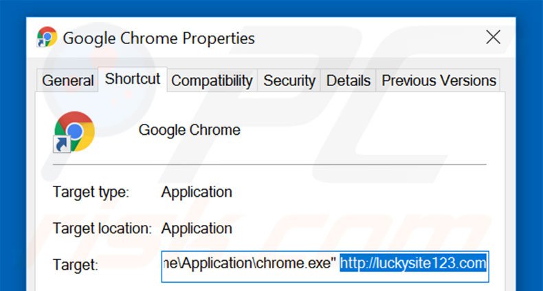 Removendo luckysite123.com do atalho do Google Chrome passo 2