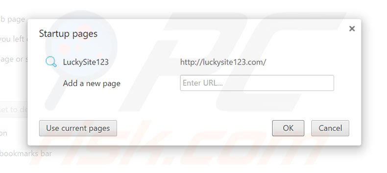 Removendo a página inicial luckysite123.com do Google Chrome