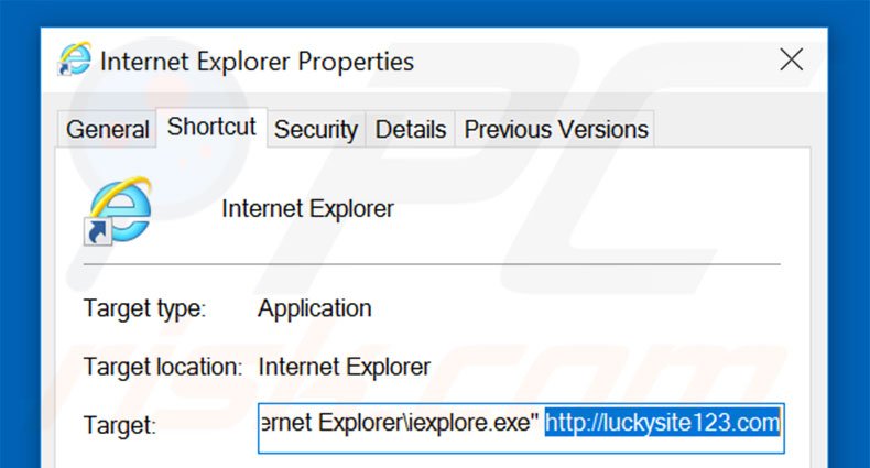 Removendo luckysite123.com do atalho do Internet Explorer passo 2