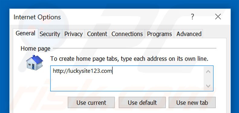 Removendo a página inicial luckysite123.com do Internet Explorer