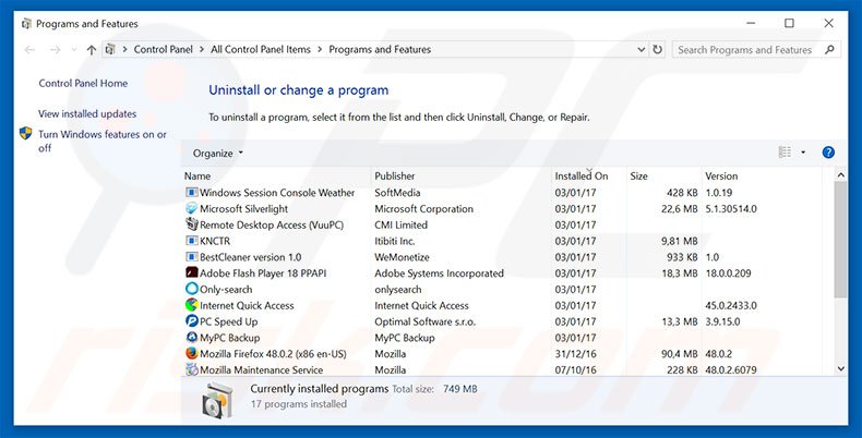 desinstalar o sequestrador de navegador luckysite123.com via Painel de Controlo