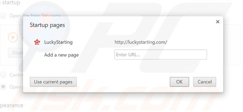 Removendo a página inicial luckystarting.com do Google Chrome