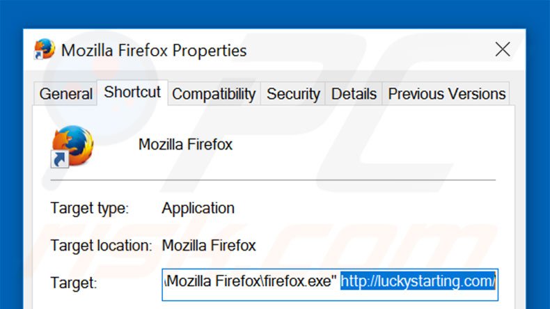 Removendo luckystarting.com do atalho do Mozilla Firefox passo 2