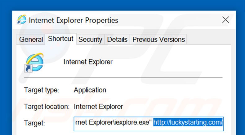 Removendo luckystarting.com do atalho do Internet Explorer passo 2