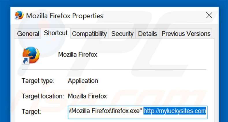 Removendo myluckysites.com do atalho do Mozilla Firefox passo 2